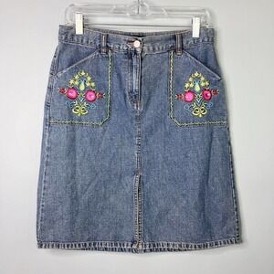 Vintage Moda International Bohemian Floral Embroidered Denim Skirt Womens Size 6